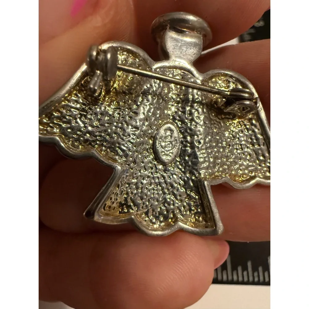 Silver Tone Angel Brooch Cream Enamel Wings Moonstone Heart Halo Pin